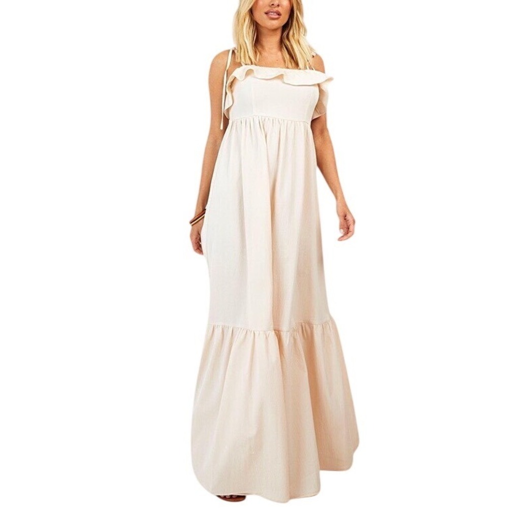 (B11) Boohoo Stone Ruffle Detail Tiered Maxi Dress Beige Tie Strap, Size 10 NWT